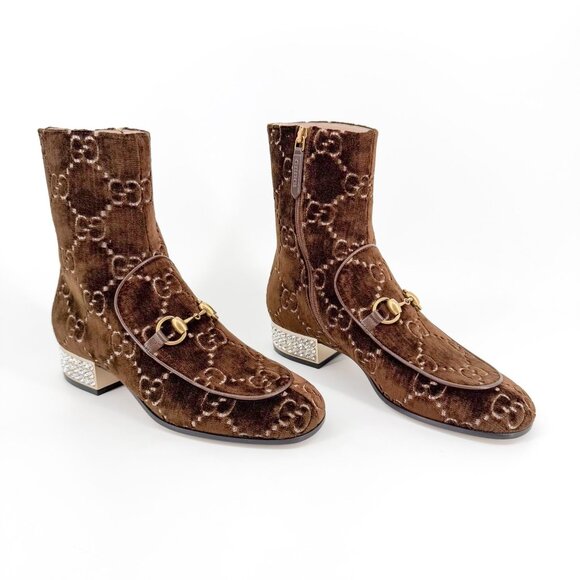 Gucci Mister Horsebit Ankle Boots EU 37 US 7 Brown GG Monogram Velvet Crystal - Picture 1 of 14